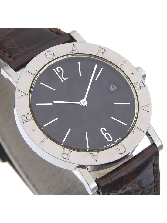 Bvlgari Stainless Steel Leather Quartz Analog Display Black Dial Watch